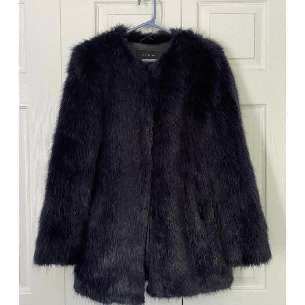 Ann Taylor Soft Faux Fur Jacket Coat Blue Medium - Picture 2 of 9